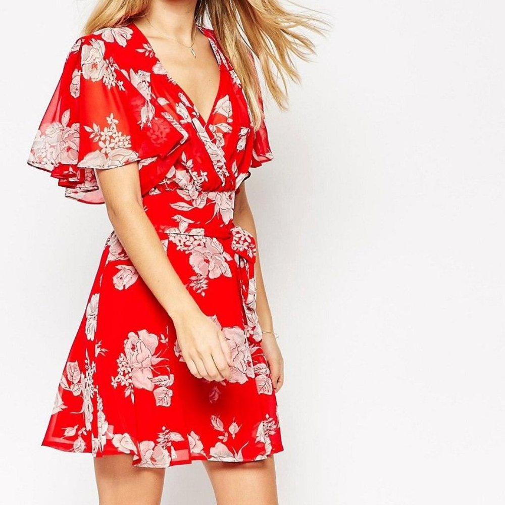 ASOS Red Kimono Flippy Spring Floral Mini Dress